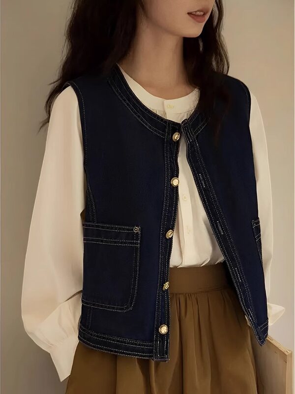 Áo vest denim nữ không tay cổ chữ V phối lớp phong cách retro, dáng ôm tôn dáng, dài 50–65 cm — Áo vest denim màu xanh (hàng có sẵn), Áo vest màu xanh đậm (có sẵn), Áo vest màu xanh đậm