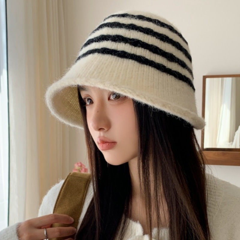 新款条纹针织渔夫帽子女秋冬季ins风小众百搭保暖羊绒水桶帽批发|undefined