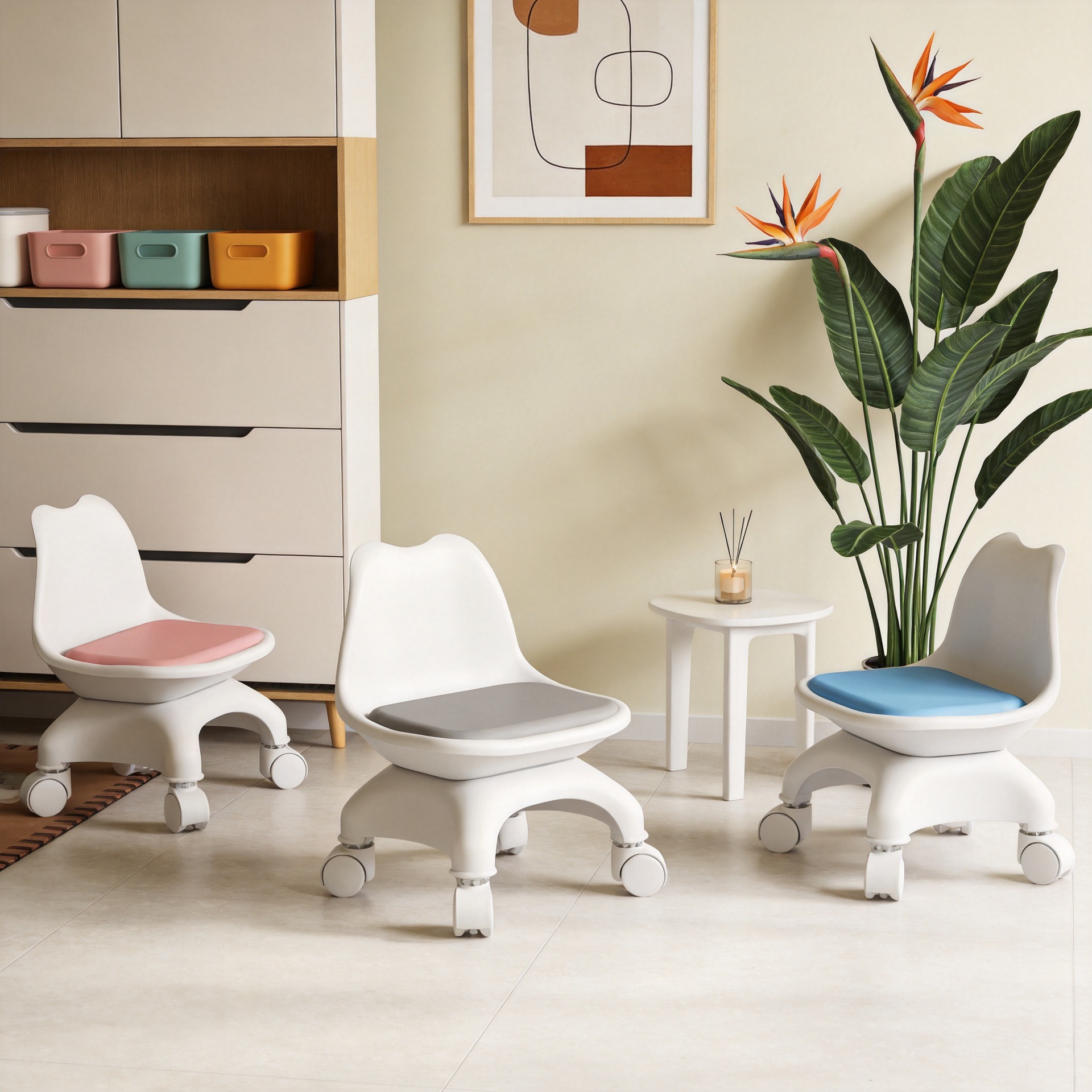 Silent swivel wheel stool, low rolling stool, mobile shoe-changing stool, household seam-fitting stool, plastic seat stool