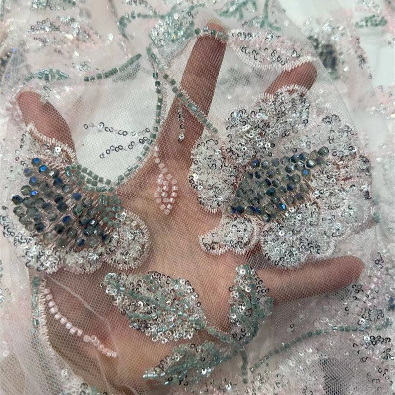 Industria pesada lujosa lenteja tubo de perlas tela bordada de encaje comercio exterior transfronterizo vestido de boda francés vestido de moda tela de falda