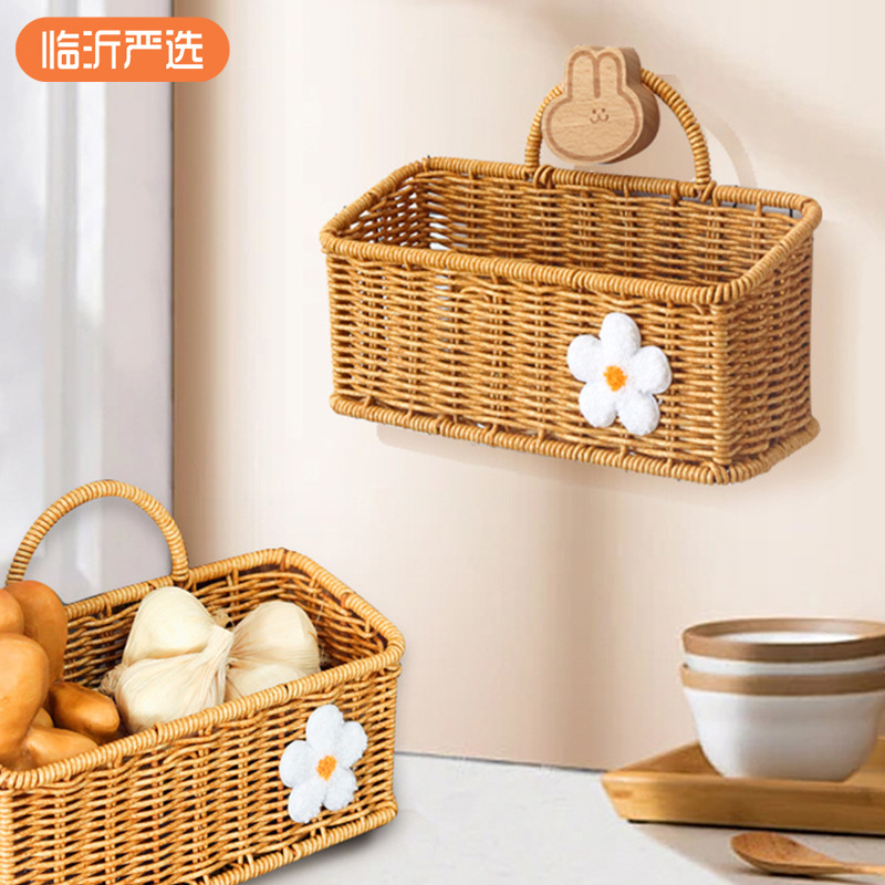 Cocina cesta de almacenamiento de jengibre y ajo imitación ratán tejido jengibre ajo cebolla huevo caja de almacenamiento ratán tejido colgante de pared cesta de flores portátil