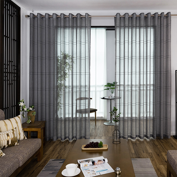 簡約現代純大格子亞麻紗 臥室客廳書房亞麻沙窗紗 成品窗紗窗簾