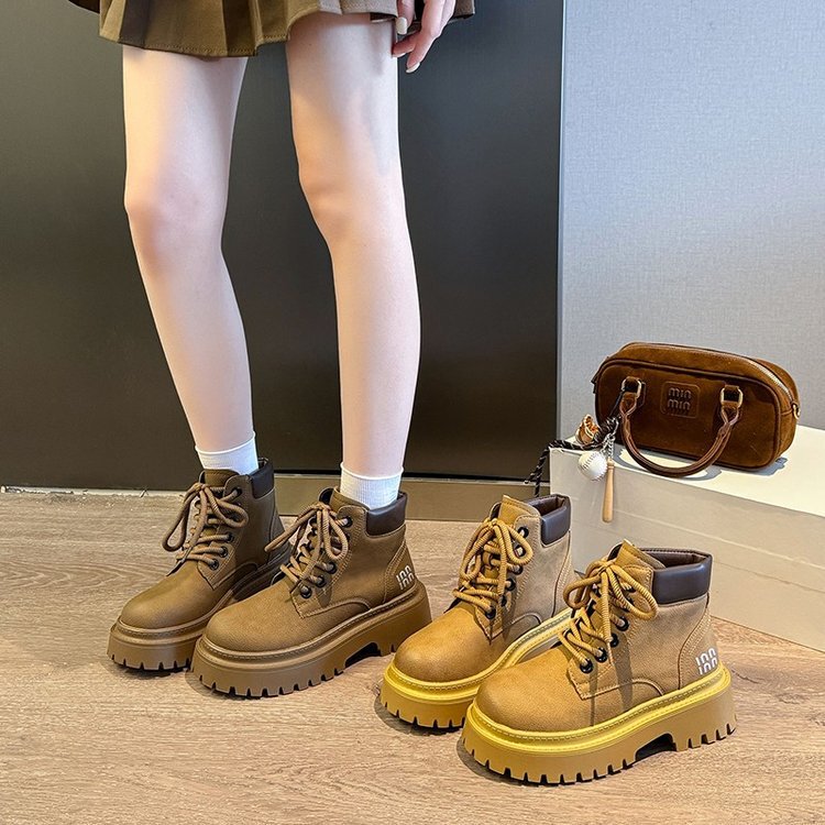 复古百搭厚底马丁靴女2025新款小个子增高休闲英伦风系带短筒靴子|undefined