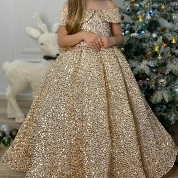 Mother & Kids Children's Sequined Tutu Skirt Off-Shoulder Princess Dress Catwalk Performance Outfit Flower Girl Hostess Birthday Dress_voghion.com