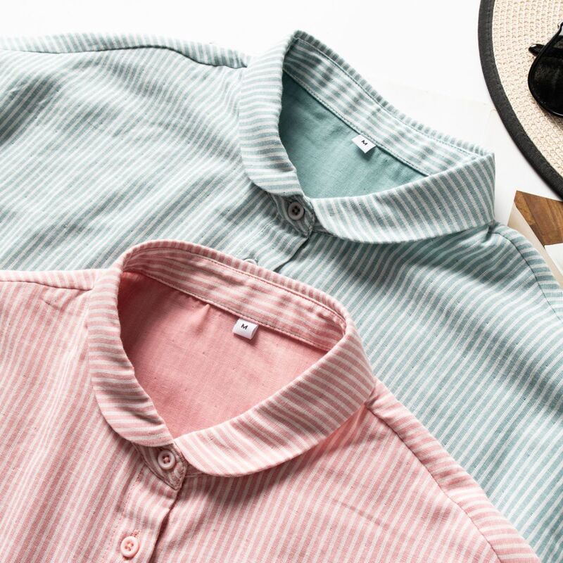 Japanese Commuter Simple Soft and Comfortable Baby Double-Layer Gauze Pure Cotton Gauze Collar Short-Sleeved Artistic Shirt Top for Women