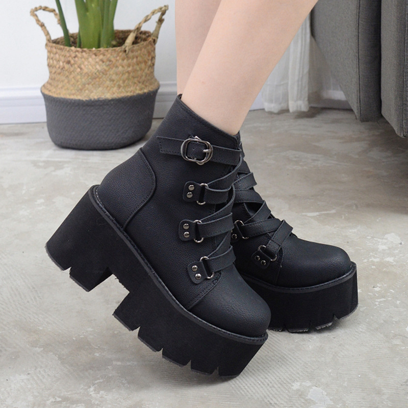 Plus size dark gothic metal punk women's shoes spring and autumn rock buckle serrated platform muffin ankle boots for women 328-3 Plus size dark gothic metal punk women's shoes spring and autumn rock buckle serrated platform muffin ankle boots for women 328-3