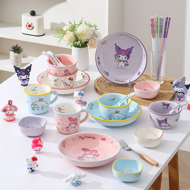 Sanrio Ceramic Bowl Hello Kitty Kidsren's Tableware Household Dishes and Plates Set Chopsticks and Spoons Free Combination