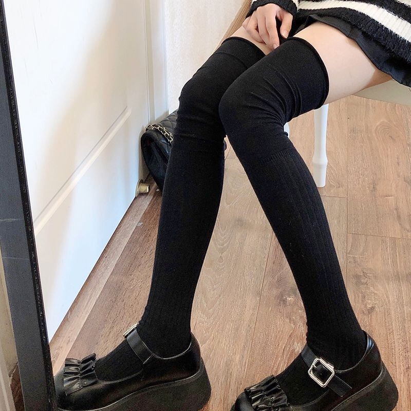 White Socks Women's Mid-Calf Socks Spring & Fall Maillard Style Black Pile Socks with Short Boots Knee-High Calf Boot Socks