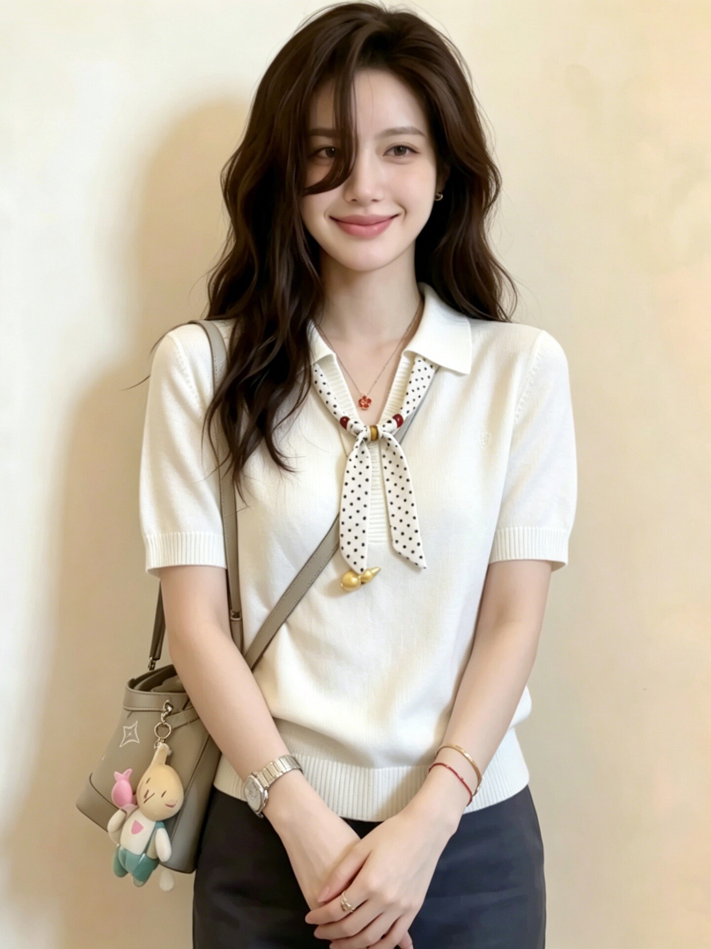 Áo thun nữ cổ Polo tay ngắn chất liệu lụa khăn thiết kế cảm giác mới — màu đen chi tiết 5