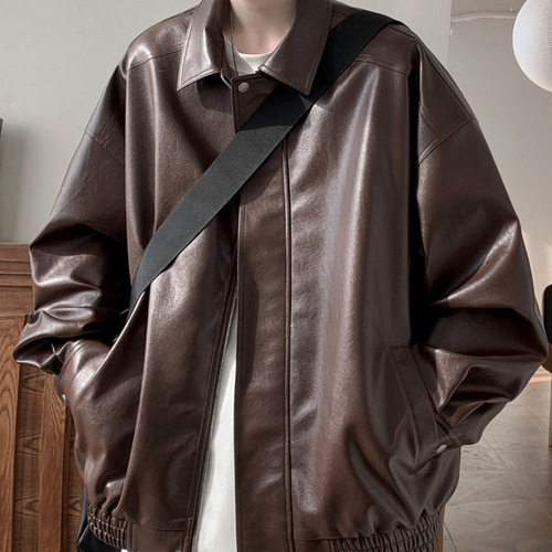 Vintage American-style leather jacket for men, autumn and winter, high-end cool punk streetwear loose PU lapel jacket.