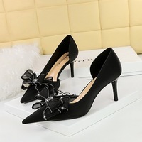 3226-AH38 Korean Fashion Banquet Women's Shoes Slim Heels, Shallow Mouth, Pointed Water Diamond Lace Bow High Heel Single Shoes