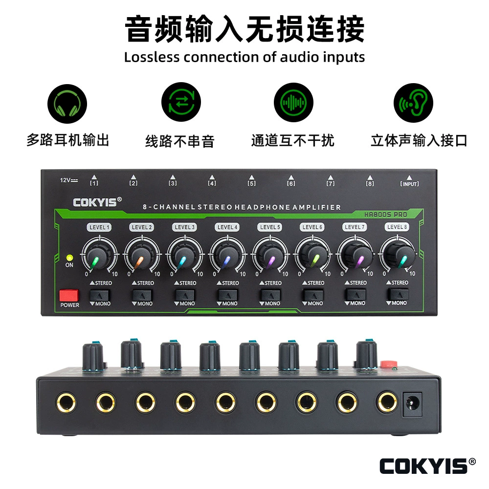 Усилитель для наушников RGB с 8-канальным разветвителем для студийной записи, моно/стерео микширования, караоке и домашнего использования
