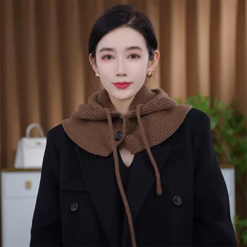 可可2024新款针织帽围脖一体女秋冬防风保暖护颈加厚针织连帽围巾