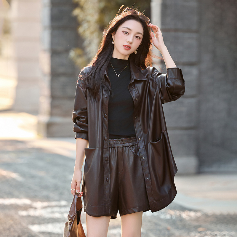 Fashion Suit 2025 Autum New Loose Casual Pu Leather Jacket Top Jacket Leather Pants Two-Piece Set Hm8280