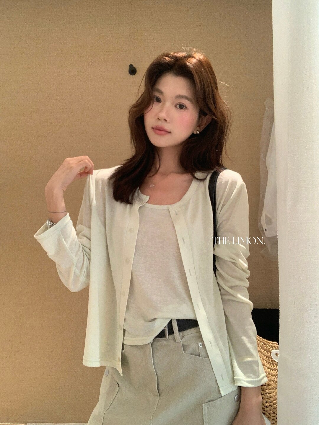 Bộ cardigan len mỏng kèm áo hai dây hai mảnh nữ mùa hè — Xám cacbon, xanh lam, màu hồng, Đậu xanh chi tiết 22