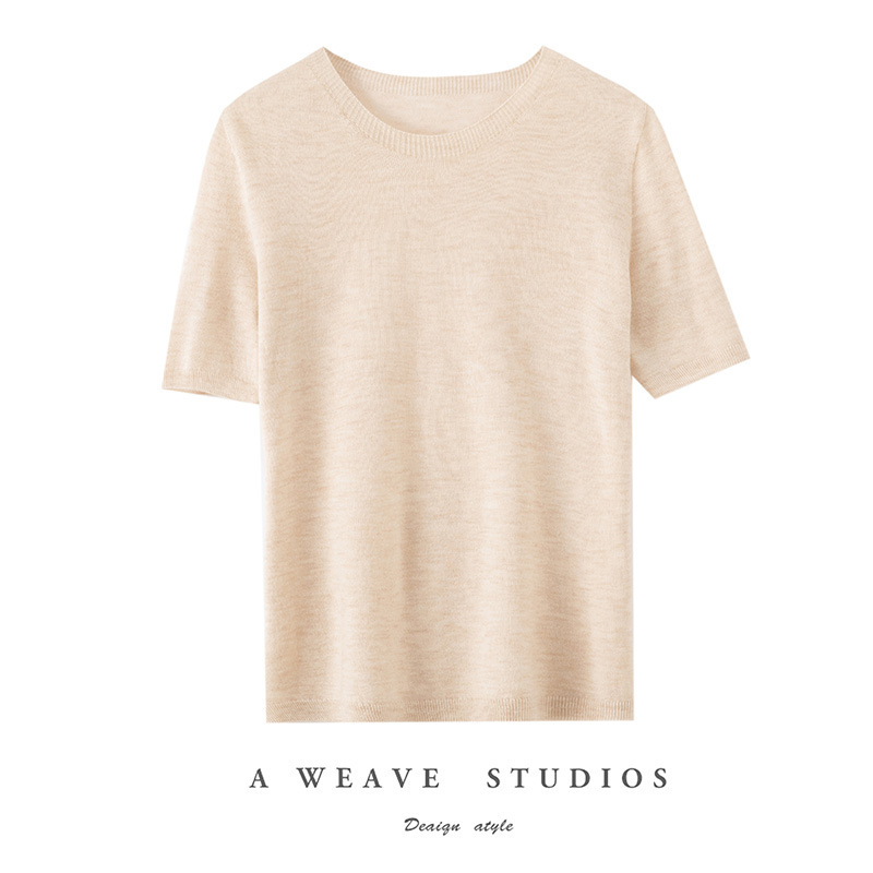 25-Year Spring and Summer New 16-Needle Worsted Wool One-Line Ready-To-Wear Round Neck Knitwear Short-Sleeved T-Shirt Women's Pure Color Top