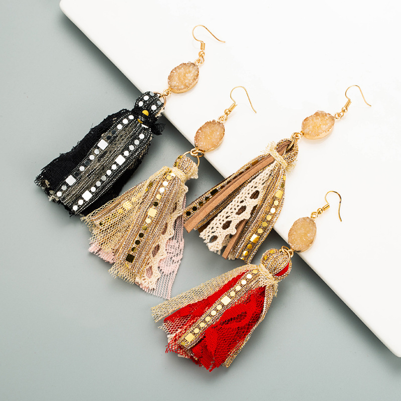 Bohemian Lace Tassel Long Cloth Earrings display picture 2