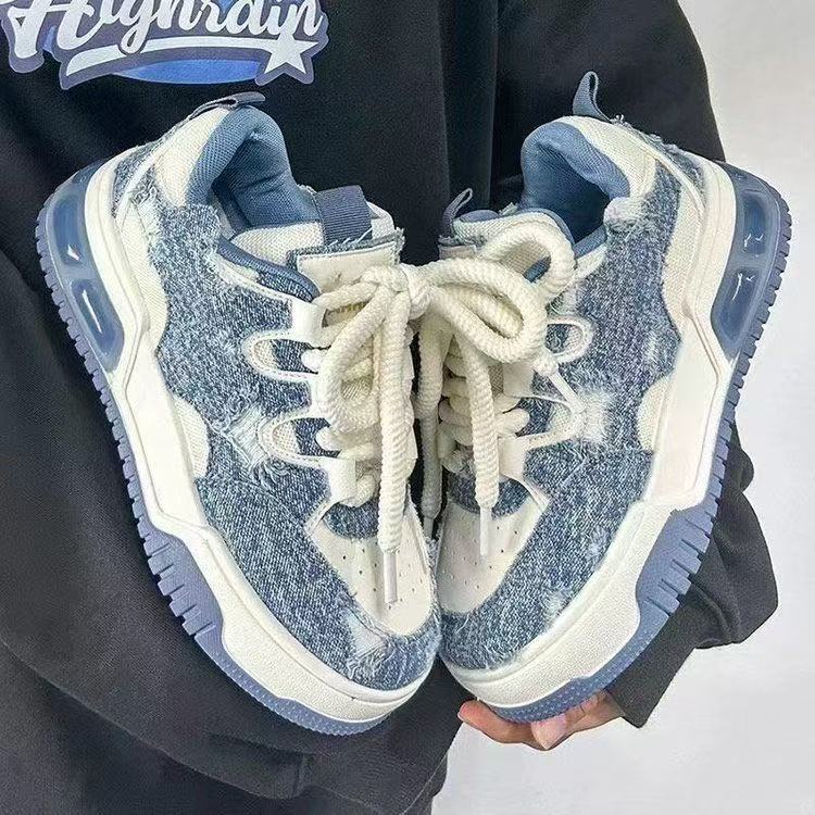 Highly Modified Heart-Shaped Denim Blue Thick-Soled White Sneakers for Women, Niche Original Retro Shoes, Versatile Sneakers for Students Highly Modified Heart-Shaped Denim Blue Thick-Soled White Sneakers for Women, Niche Original Retro Shoes, Versatile Sneakers for Students