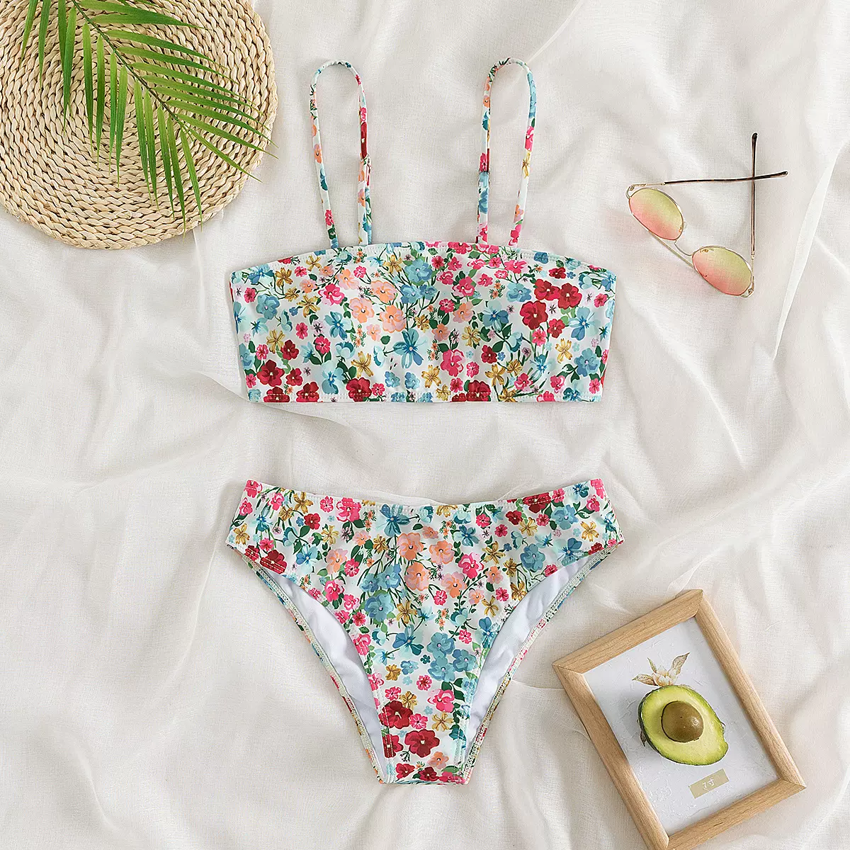 2025新款分体泳衣女三角包碎花比基尼系带沙滩度假温泉泳装