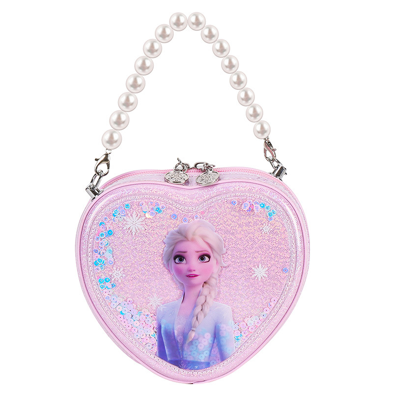 Bolso de Princesa para Niñas 2022, Bolso de Mano de PU con Perlas de Moda, Bolso Bandolera con Forma de Corazón de Frozen