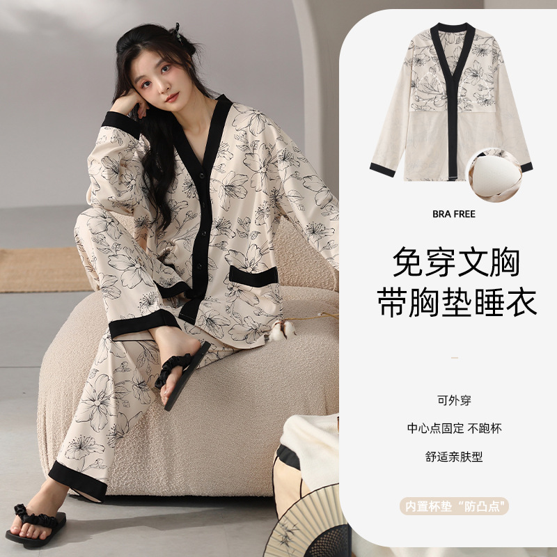 Pure Cotton Pajamas for Women with Breast Pads 2025 Spring and Autum Chinese Style Kimono Collar Long-Sleeved Home Clothes Simple and Casual Can Be Worn Outside
