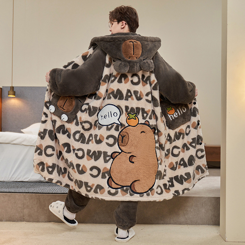Winter New Men's Pajamas Coral Velvet Thickeneded Long Nightgown Suit Cartoon Hooded Plus Fat 110kg Bathrobe