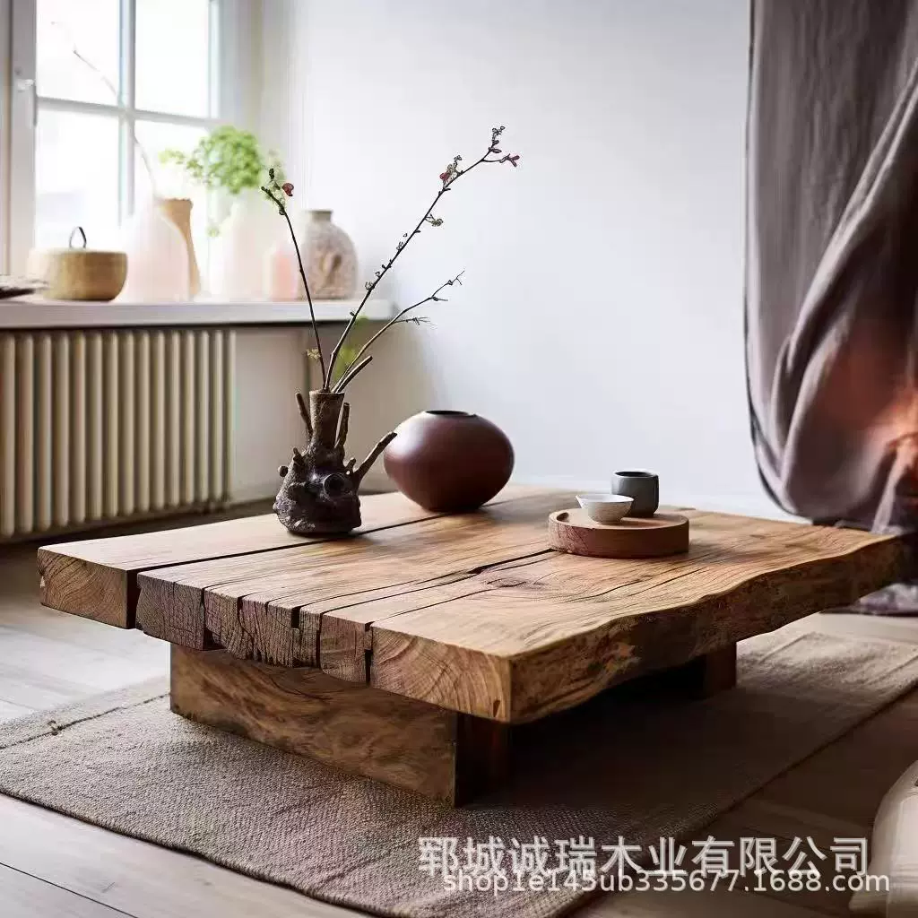 侘寂风老榆木干泡茶台小方桌家用小户型矮款茶桌风化实木小茶几桌
