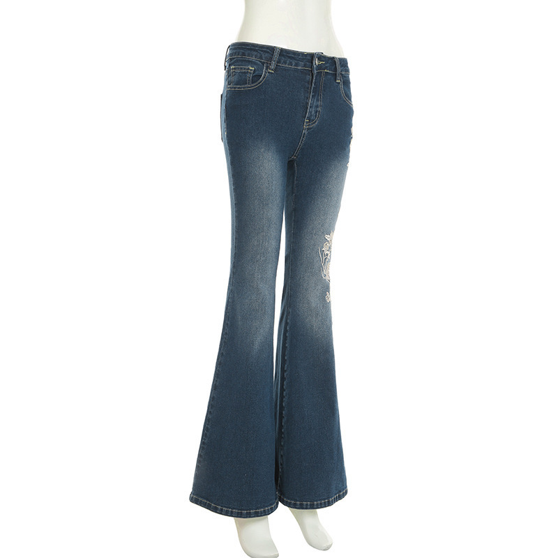 Rose Embroidery Retro Gradual Change Niche Slightly Spicy Jeans American Hot Girl Street Low Waist Thin Personality Trousers_ecoleips.com