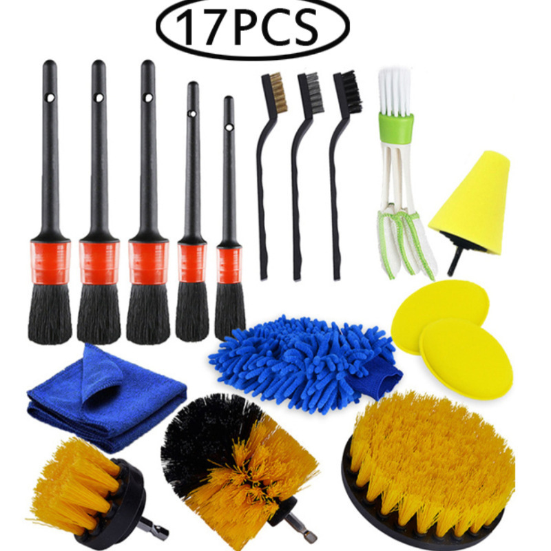 Cross-border hot sale car beauty car wash detail brush 17-piece electric drill brush car gloves air outlet brush suit