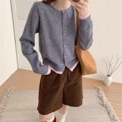 KANING韩系设计感撞色假两件针织开衫2025秋冬新款圆领撞色毛衣女