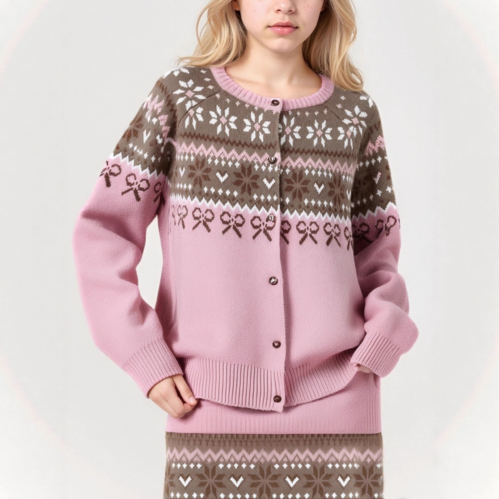 韩版跨境甜美学院风短裙毛衣两件套秋冬新款费尔岛提花针织衫套装