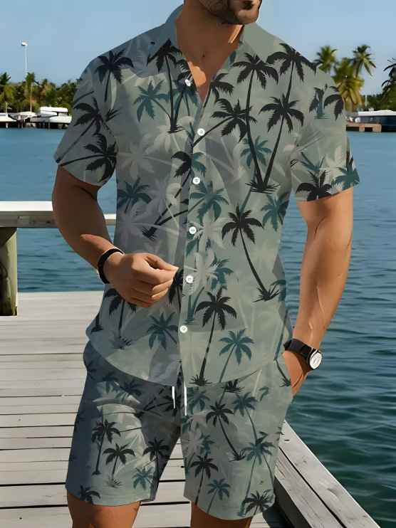 Men's Casual Hawaiian Print Shirt And Shorts Set Polyester Loose Fit Spring Summer Autumn Wear Y2K_viptrois.com