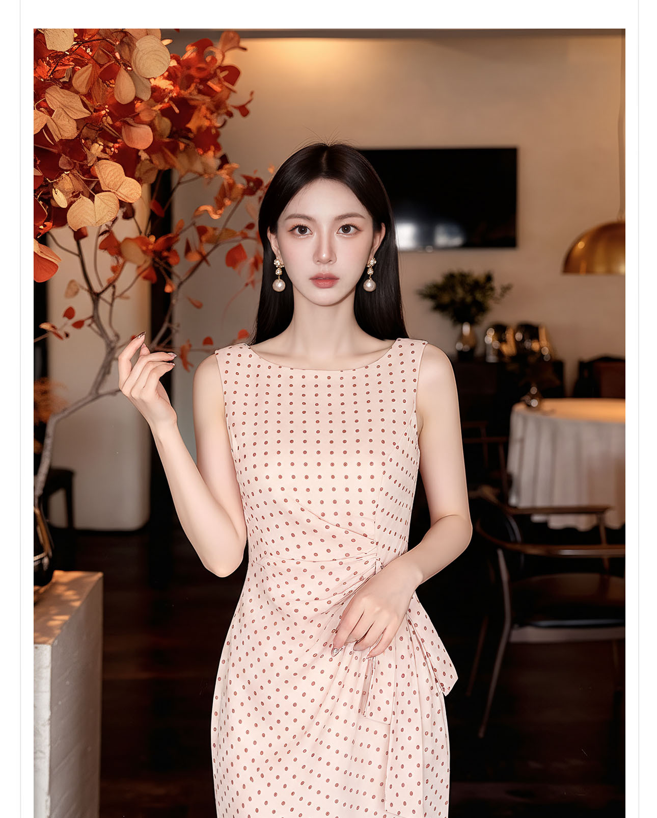 Đầm dài ôm body không tay họa tiết chấm bi phong cách Tân Trung Hoa — Điểm sóng chi tiết 4