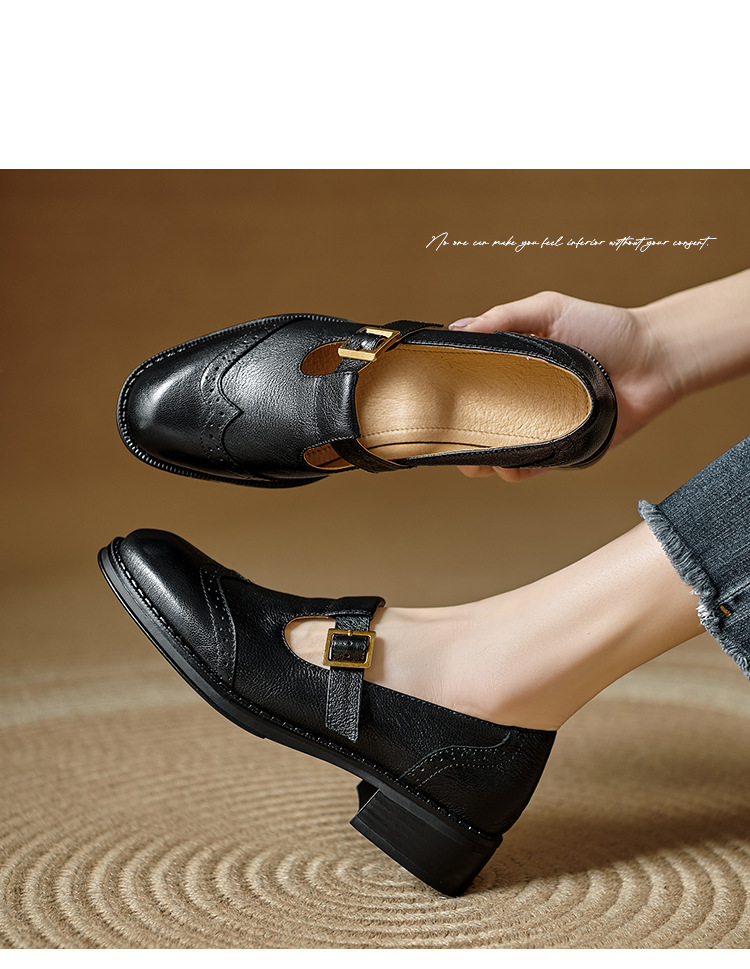 Giày Mary Jane nữ quai chữ T da bò gót dày phong cách brogue — màu nâu chi tiết 7