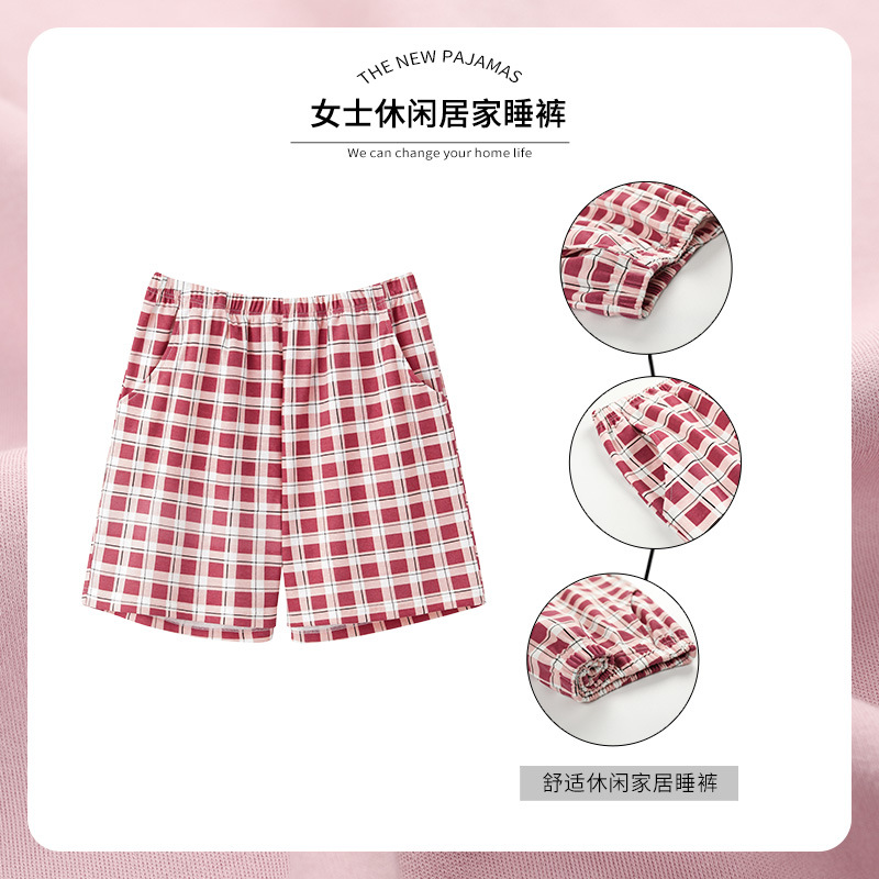 여아용 순면 통기성 잠옷, 여름 홈 레이지 팬츠, 겉옷으로 착용 가능한 체크무늬 팬츠, 여성용 다용도 더블 포켓 반바지