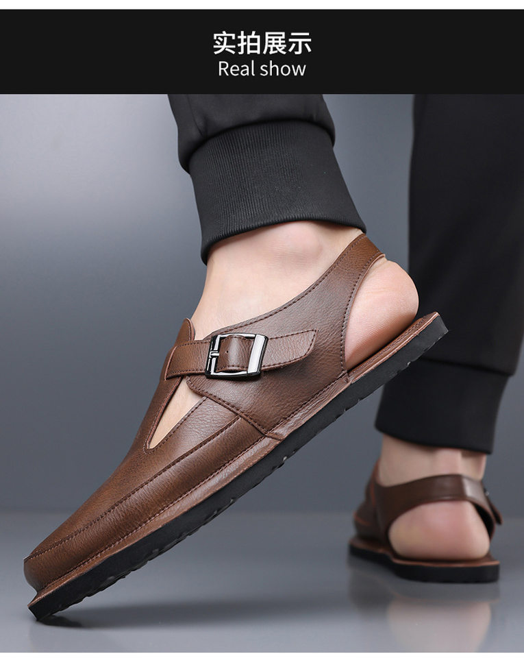 Dép sandal nam bít mũi kiểu La Mã cỡ lớn chống trượt, đế cao su, thoáng khí — Màu nâu, màu đen chi tiết 13
