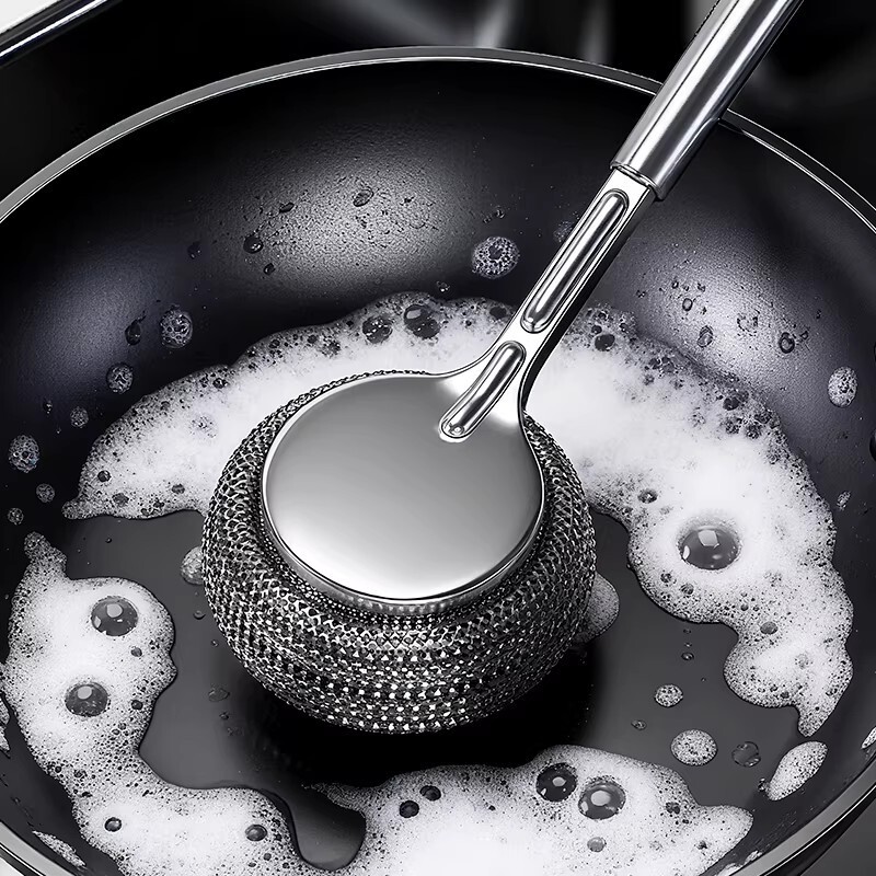 Stainless Steel Pot Brush for Kitchen Use, Steel Wire Ball Brush with Long Handle for Washing Dishes and Cleaning Pots, Does Not Shed Bristles