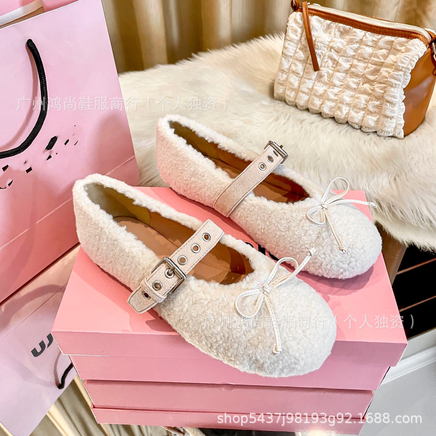 Lamb Wool 2026 Winter Style Wool Belt Buckle Mary Jane Flats for Women, Comfortable Flat Shoes with Bowknot Ballet Style