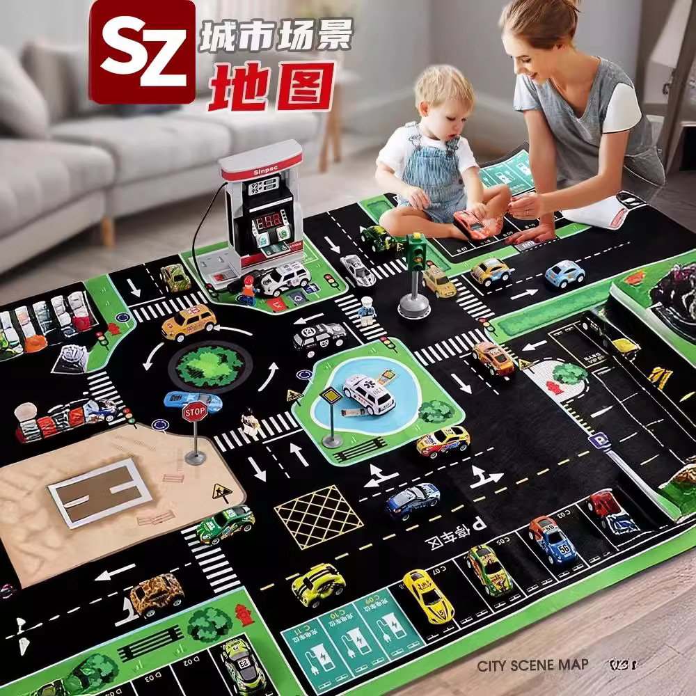 Kids Alloy Huili Car Traffic Map Game suit Crawling Mat Parking Lot Inertia Toy Boy