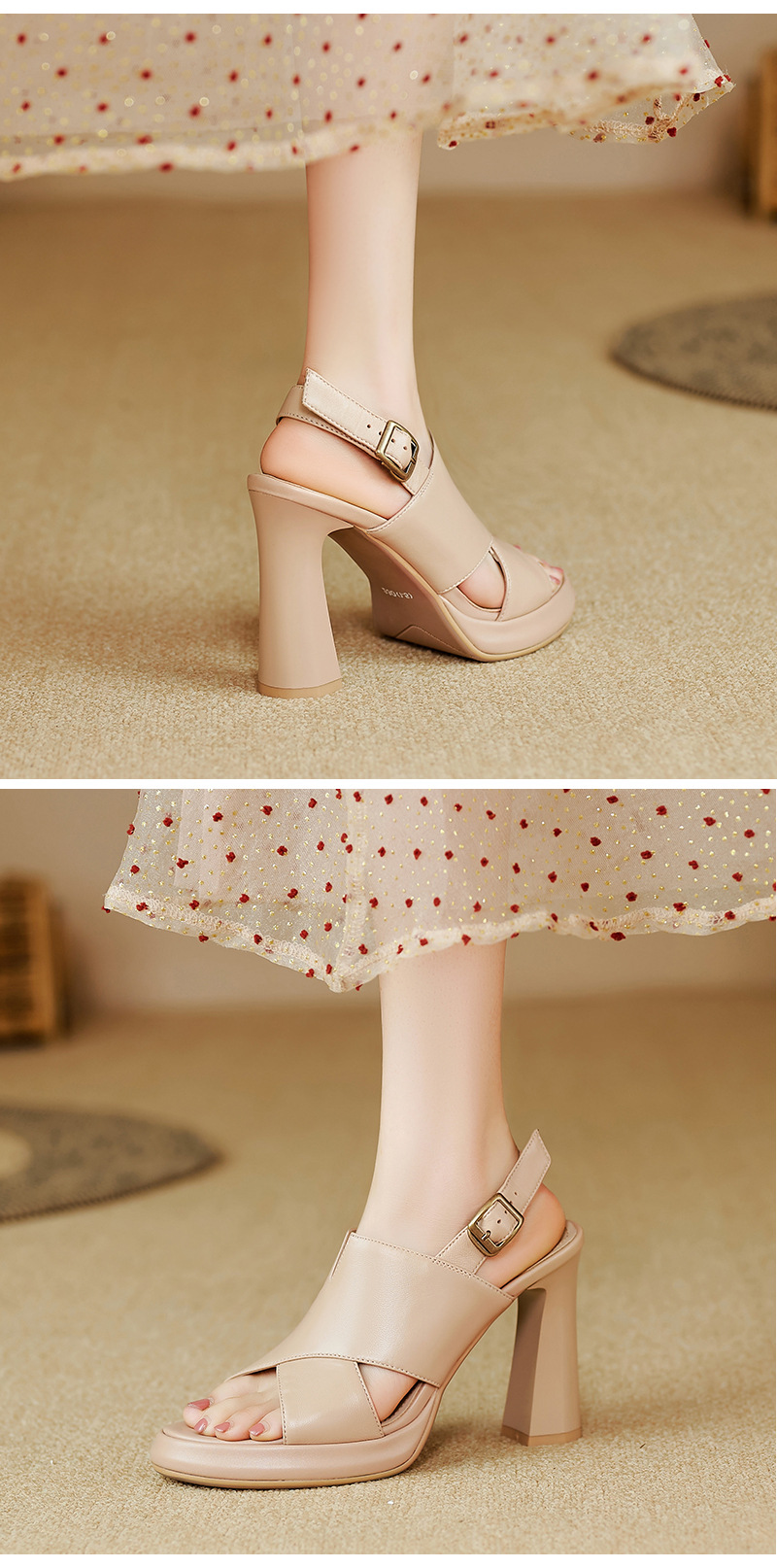 Sandal cao gót nữ quai ngang hở ngón da cừu cao cấp gót 10 cm — Màu đen chi tiết 9