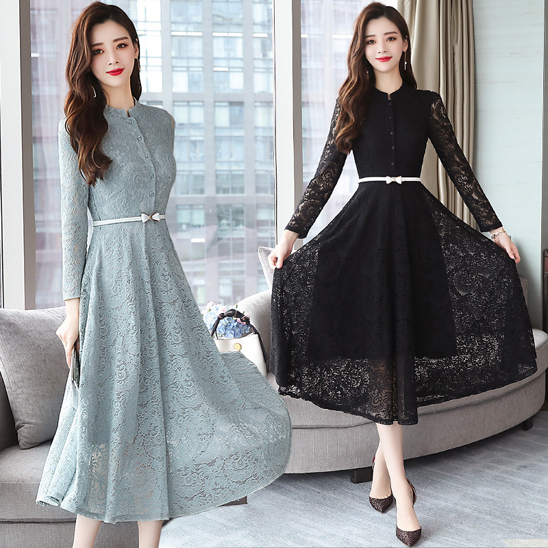 Real Shot of Long-Sleeved Lace Dress with Stand Collar, Long Sleeves, Waist Belt, Commuting Formal Occasion Mid-Length Elegant Skirt for Women Real Shot of Long-Sleeved Lace Dress with Stand Collar, Long Sleeves, Waist Belt, Commuting Formal Occasion Mid-Length Elegant Skirt for Women