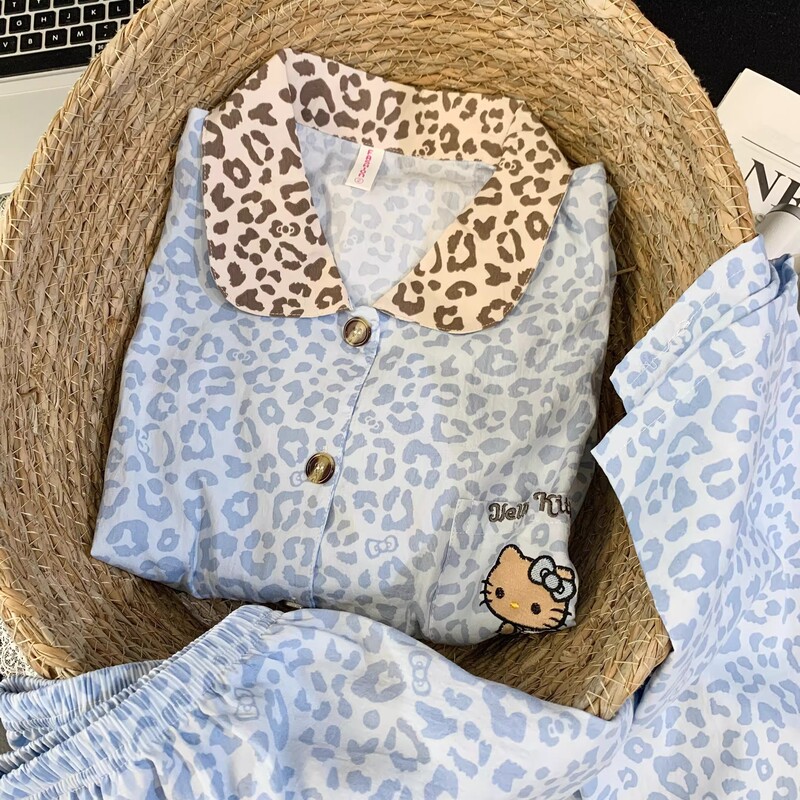 [Blue Leopard Print Kt] Autumn Blue Leopard Print Cartoon Kt Cloud Long Sleeve Brown Collar Pajamas Girls Home Clothes