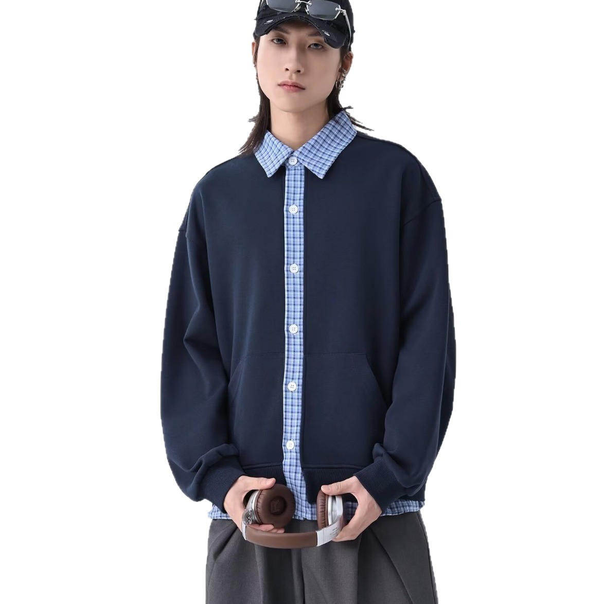 Retro Hoodie Cardigan Men's Autumn Checkered Patchwork Lazy Style Couple Jacket_voghion.com