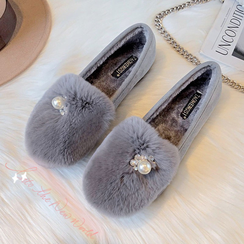 Giày lười nữ mũi tròn lót lông giữ ấm, giày bông cổ thấp đế thấp — Màu xám, Màu đen