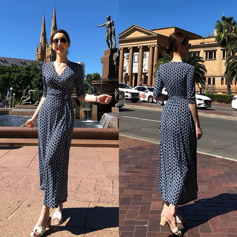D Brand Same Style Chain Print Wrap Dress for Women, Summer V-Neck Tie Waist Wrap-Style Vacation Long Dress, Wholesale Supply D Brand Same Style Chain Print Wrap Dress for Women, Summer V-Neck Tie Waist Wrap-Style Vacation Long Dress, Wholesale Supply