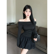 冬季新款纯欲性感辣妹气质一字领蓬蓬长袖连衣裙短裙女