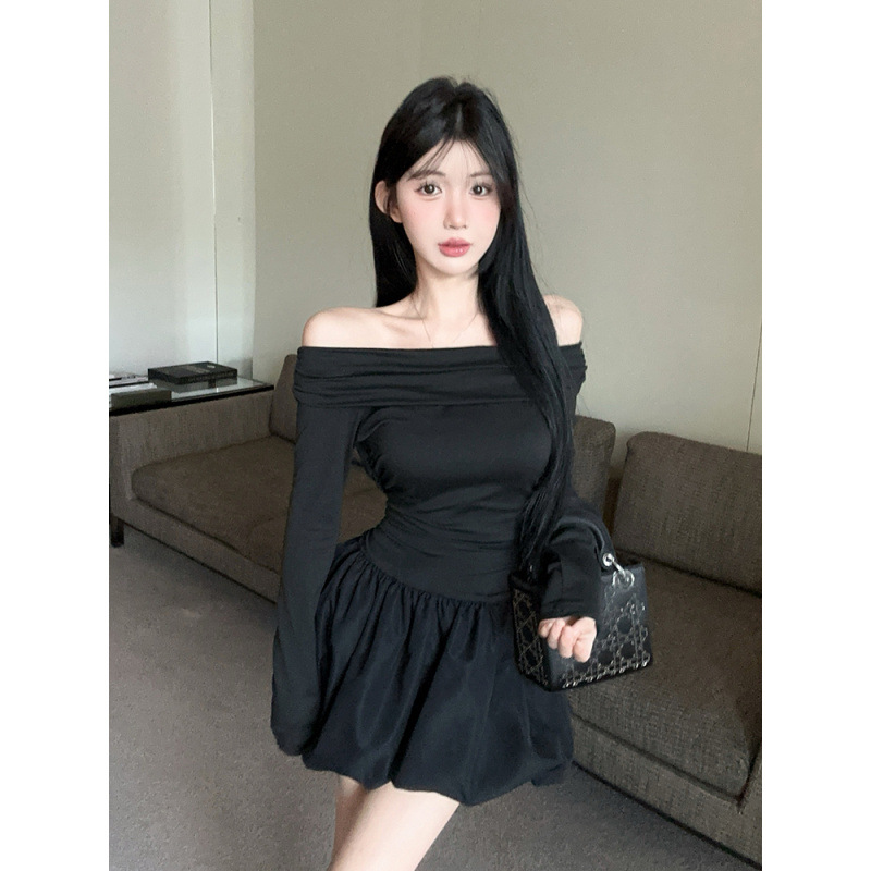 冬季新款纯欲性感辣妹气质一字领蓬蓬长袖连衣裙短裙女