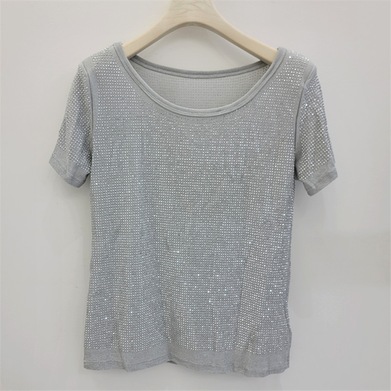 2026 verano lleno de diamantes brillante camiseta de base de mangas cortas de alta elasticidad camiseta de moda delgada ropa de mujer image 7