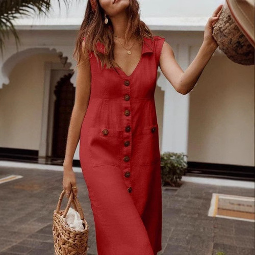  European and American V-neck single button pin button dress pocket design large size multi-color 