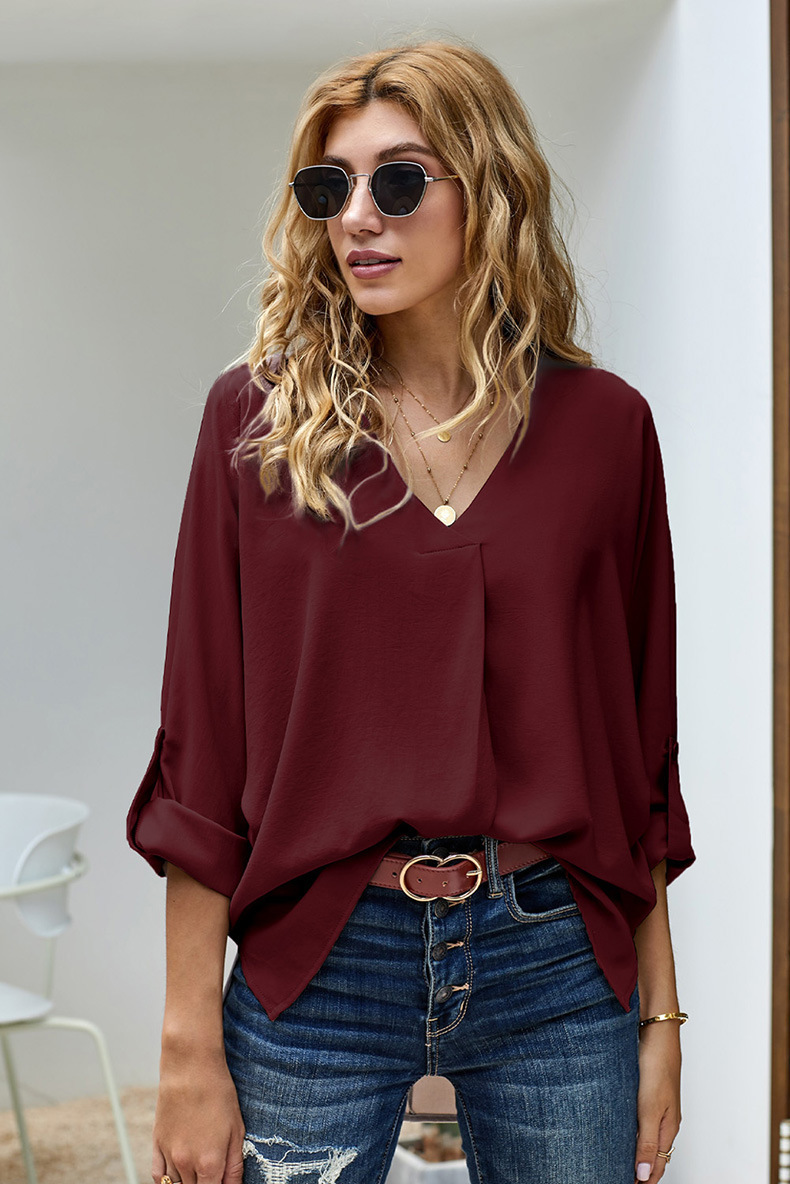 Loose V-Neck Long-Sleeved Shirt NSYF74273